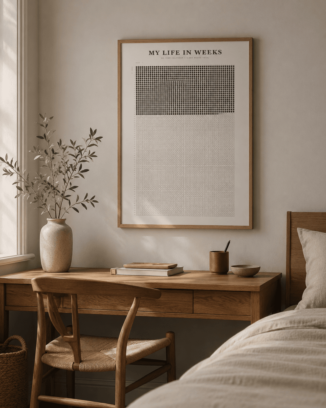 A framed My Life in Weeks poster above a wooden desk