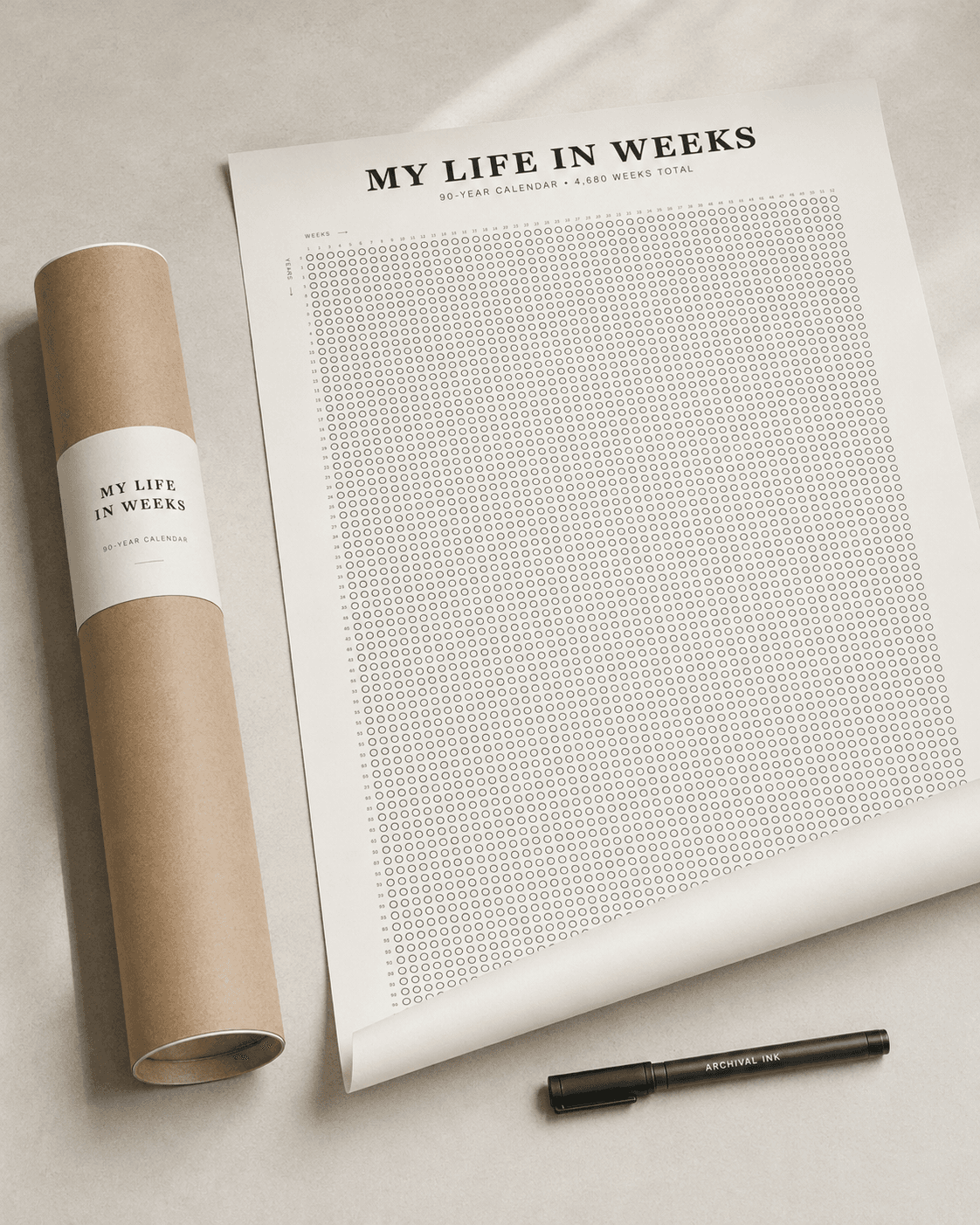 An unrolled My Life in Weeks poster beside its protective shipping tube
